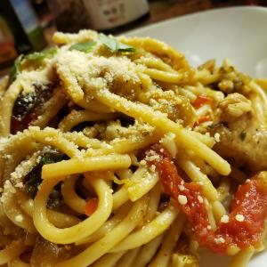 Chicken in a Fresh Tomato and Eggplant Sauce With Spaghetti image