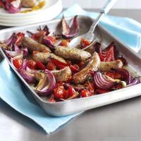 Balsamic roasted sausages with red veg image