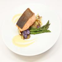 Crispy-Skin King Salmon with Roasted Asparagus, Fingerling Potatoes, and Hollandaise Sauce image