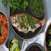 Whole Roasted Snapper with Chimichurri, Spanish Rice, and Black Beans_image