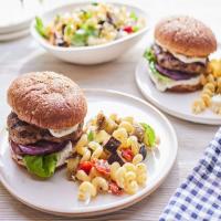 Grilled Lamb Burgers with Grilled Feta Pasta Salad image