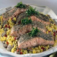 Herb Crusted Salmon with Sweet Corn and Mushrooms image