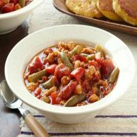 Turkey Green Bean Chili with Cheesy Corn Fritters image