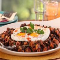 Jerk Pork Belly and Sweet Potato Hash with Fried Eggs image
