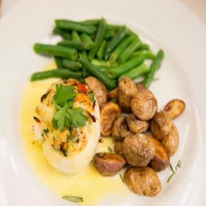 Halibut Crab Cake Roulade with a Lemon Cream Sauce, Green Beans and Truffle Roasted Potatoes_image