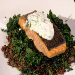 Sauteed Salmon Fillet with Tzatziki and Warm Lentils image