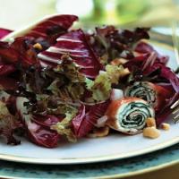 Bronze and Red Lettuce Salad with Serrano Ham and Goat Cheese Spirals_image