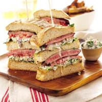 Triple-decker steak sandwich image