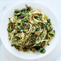 Linguine with Green Olive Sauce and Zesty Breadcrumbs image
