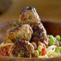 Quick Sausage Meatballs with a Tomato and Basil Sauce, Spaghetti and Sweet Raw Peas image