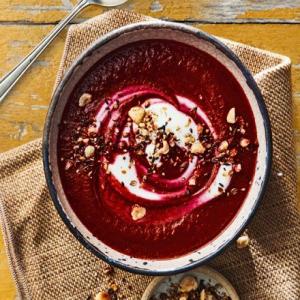 Beetroot, cumin & coriander soup with yogurt and hazelnut dukkah_image