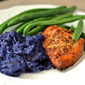 Carrie's Salmon with Purple Pureed Potatoes and French Green Beans_image