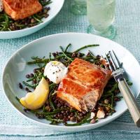 Grilled sea trout, prosciutto, samphire & lentils_image