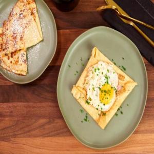 Buckwheat Crepes with Ham, Gruyere and Fried Egg image