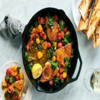 Curried Swordfish With Tomatoes, Greens and Garlic Toast image