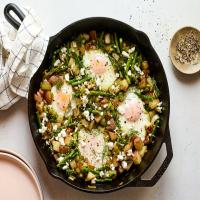 Asparagus-Potato Hash With Goat Cheese and Eggs image