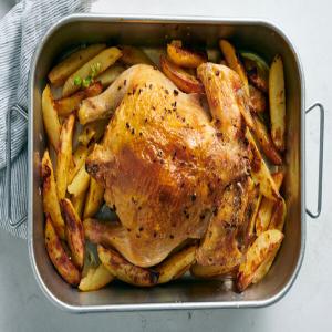 Roast Chicken With Green Garlic, Herbs and Potatoes image