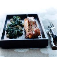 Bacon-Wrapped Salmon with Wilted Spinach_image