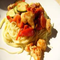 Chicken With Peppers, Zucchini and Tomatoes on Angel Hair_image