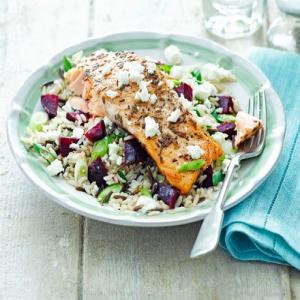 Spiced salmon with beetroot, feta & wild rice_image