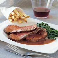 Beef Tenderloin with Red Wine Sauce, Creamed Spinach, and Truffled French Fries image