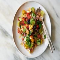 Cucumber-Tomato Salad With Seared Halloumi and Olive Oil Croutons image