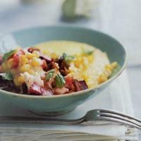 Creamed Chicken with Corn and Bacon Over Polenta image