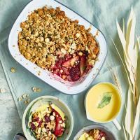 Pear & blackberry crumble with bay leaf custard image