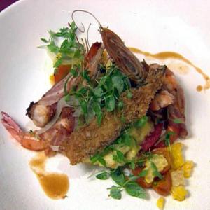 Pancetta Wrapped Bayou La Batre Shrimp with Rikards Mill Yellow Corn Grits and Grilled Heirloom Tomatoes_image