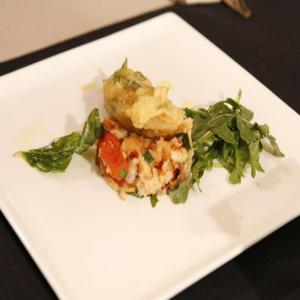 Fried Zucchini Blossoms with Grilled Vegetable Panzanella and Baby Arugula Salad_image