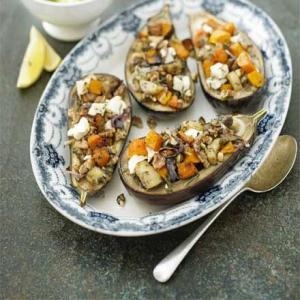 Baked aubergine stuffed with roast pumpkin, feta & walnut with minted courgettes_image