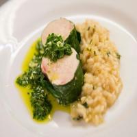 Spinach Wrapped Chicken with Lemon Risotto and Feta Cheese Salsa Verde image