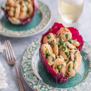 Fava Bean and Grilled Shrimp Salad in Radicchio Cups image