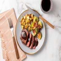 Apple Butter Demi Steak with rosemary potatoes and bacon Asiago Brussels sprouts_image