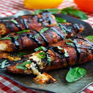 Bacon Wrapped Roasted Red Pepper and Goat Cheese Stuffed Chicken with Balsamic Drizzle and Basil_image