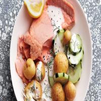 Poached Salmon With Potatoes, Cucumber, and Buttermilk-Dill Dressing image