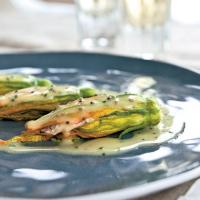 Crab-Stuffed Zucchini Flowers with Mustard Butter Sauce image