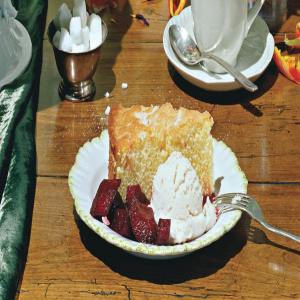 Cornmeal Cake with Buttermilk Ice Cream and Rhubarb Compote_image