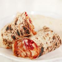 Tequila-Orange BBQ Chicken Burritos with Sharp Cheddar, Baked Beans and Red Cabbage_image