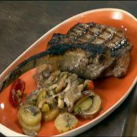 Grilled Veal Chop with Fingerlings, Mushrooms and Cherry Peppers image