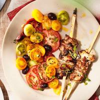 Preserved lemon chicken skewers with summer tomato salad image