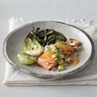 Grilled Salmon and Bok Choy with Orange-Avocado Salsa image