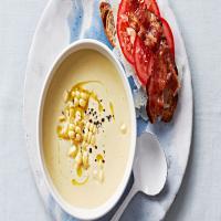 Corn Soup with Tomato-Bacon Toasts image