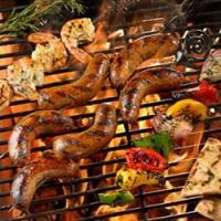 Grilled Sausage with Marinated Shrimp, Peppers and Onions_image