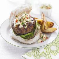 Jerk beefburger with pineapple relish & chips image