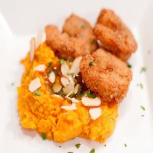 Coconut Shrimp with Spiced Sweet Potato Mash and Almond Joy Butter image