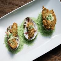 Crispy Fried Oysters with Wasabi Aioli and Asian Pear and Endive Salad image