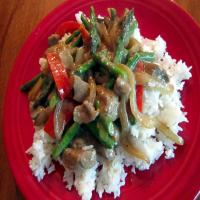 Beef Stir-Fry With Asparagus, Red Bell Peppers and Caramelized O image