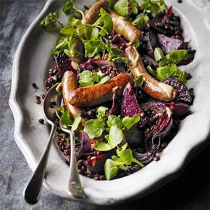 Hot mustard lentils with beetroot & spicy sausages image