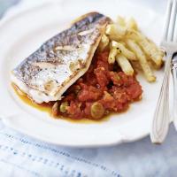 Pan-fried sea bass with puttanesca sauce & celeriac chips image